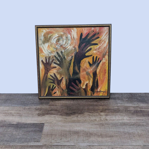 Abstract oil painting with yellow, orange, brown hues and hand silhouettes, signed by artist Nownejad.