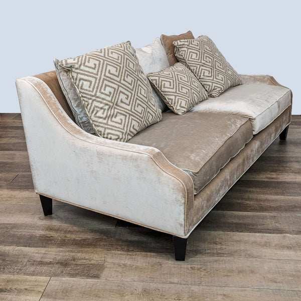 1. Plush velvet Z Gallerie 3-seat sofa in neutral color with coordinating throw pillows and curved armrests on wooden legs.