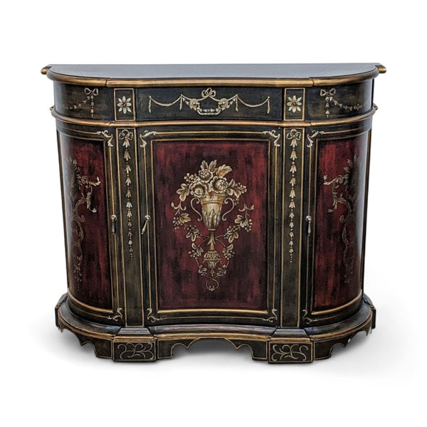 Antiqued European-style Ethan Allen cabinet, with stenciled floral design and crackle finish, closed view.