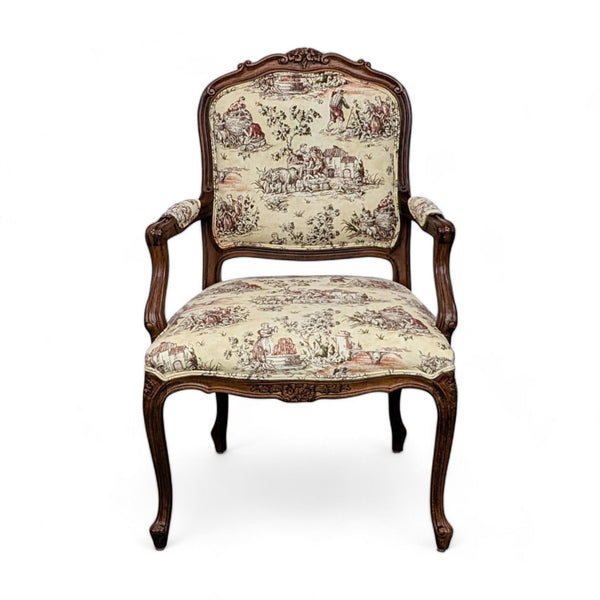 Reperch brand French provincial-style armchair with pastoral scene fabric and curved woodwork.
