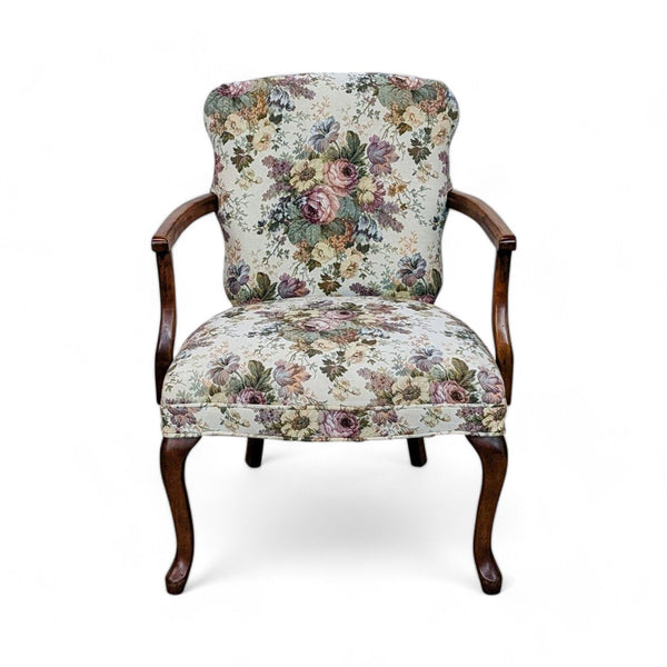 1. Ethan Allen floral-patterned accent armchair with queen anne style legs, front view on a white background.