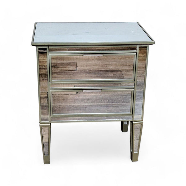 1. Pottery Barn poplar wood end table with mirrored top and drawer fronts against a white background.