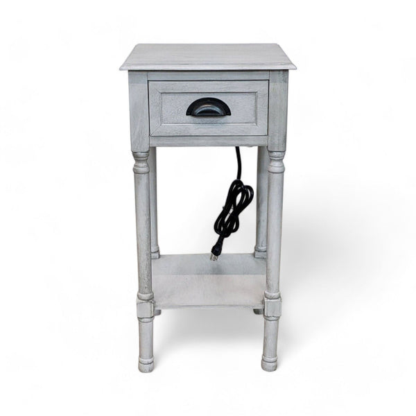 Reperch Brand End Table with built-in charging station, gray finish, and black cord visible.