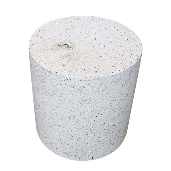 1. "Article brand indoor/outdoor side table with a cylindrical shape and a speckled white surface."