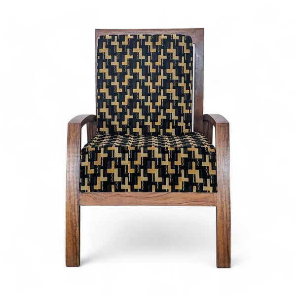 Elegant Reperch lounge chair with sturdy wooden frame and black geometric-patterned upholstery.