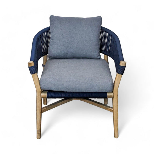 1. Acacia wood lounge chair by Article with navy rope accents and gray cushions, on a white background.