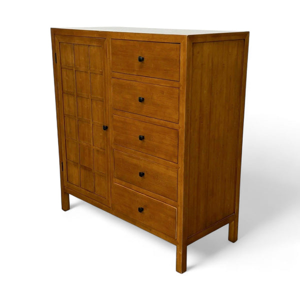 Bamboo dresser and cabinet combo by Maria Yee for Crate & Barrel with closed drawers and doors.