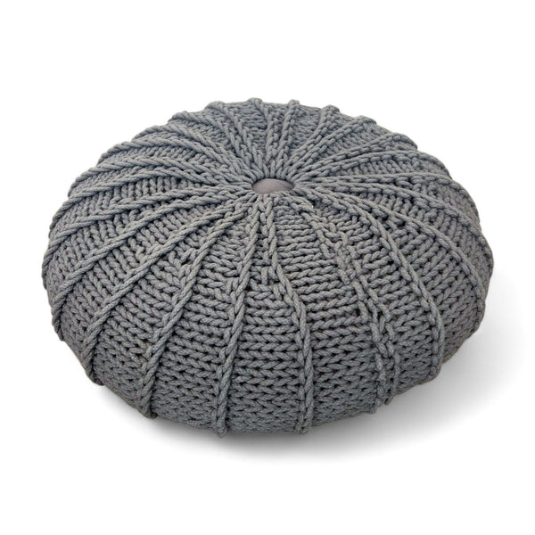 1. A round, grey knitted pouf ottoman by Reperch, 30 inches in diameter, with a textured pattern.
