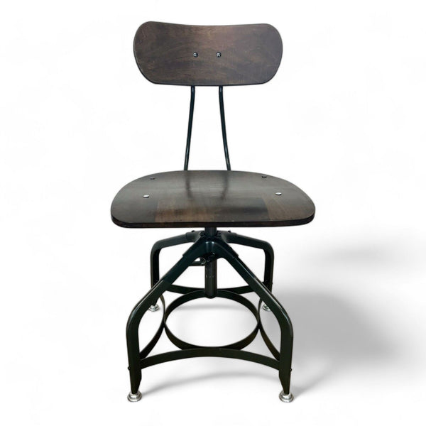 1. "Restoration Hardware's Toledo 1940's dining chair with dark wood seat and backrest, and a bent green steel base with adjustable height mechanism."