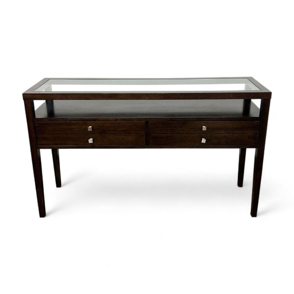 Reperch brand dark wood console table with clear glass top and two drawers against a white background.