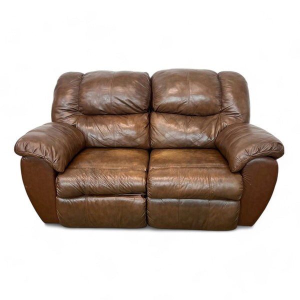 1. Frontal view of a Reperch brand loveseat with plush brown leather upholstery and cushioned seats.
