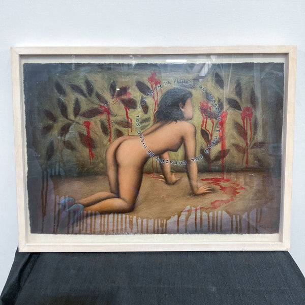 Alt text 1: Painting of a nude woman in high heels facing a wall with bleeding plants, signed by artist Marquez.