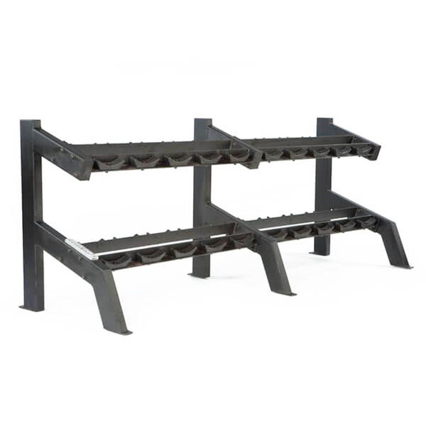 Image 1: Black Ivanko dumbbell rack with two tiers, designed for gym equipment storage.