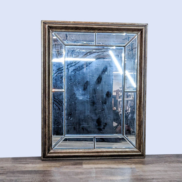 Alt text 1: Extra large Reperch brand mirror with a bronze-finished frame and 8 surrounding beveled panels on a wooden floor.