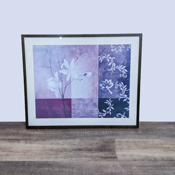 Framed floral art print by Art.com, showcasing white blooms against patchwork of purple hues. Suitable for home decor in the Prints & Maps category.