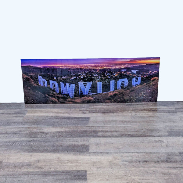 Alt text 1: "Hollywood Nights" acrylic-mounted print by Peter Lik depicting the iconic Hollywood Sign at dusk, with a colorful sky and city lights.