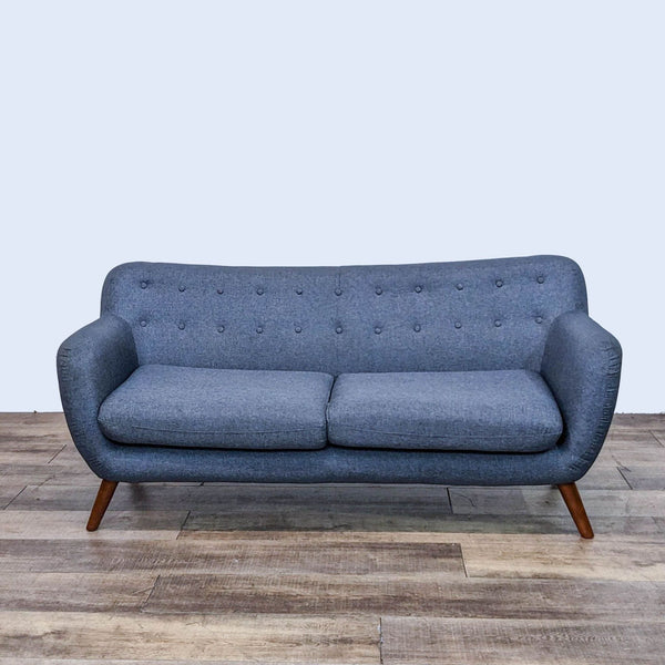 Reperch blue loveseat with button-tufted back and angled wooden legs, front view.