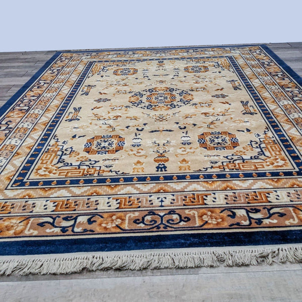 1. Karastan Chinese Cathay Medallion wool area rug showcasing ornate patterns in blue and gold tones with fringed edges.