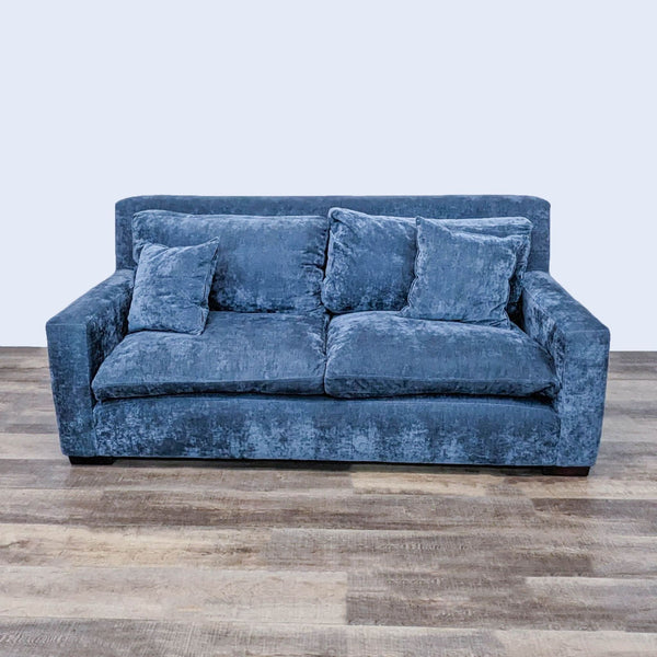 Alt text 1: Front view of a 3-seat high-back blue fabric sofa by Harvest Furniture with deep seating and block arms.