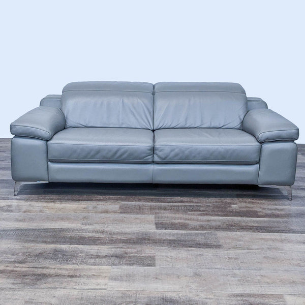 1. Reperch brand 3-seat sofa with adjustable back, pillow top arms, and chrome feet, displayed in an upright position on a wood-patterned floor.