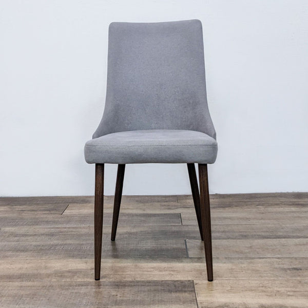 Reperch mid-century modern dining chair with a curved wood seat frame, gray fabric upholstery, and walnut-finish metal legs.