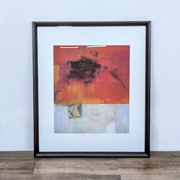 Abstract art print by Bob Hunt in a frame, showing warm tones with unique designs. Edition number 55/950. Reperch brand.