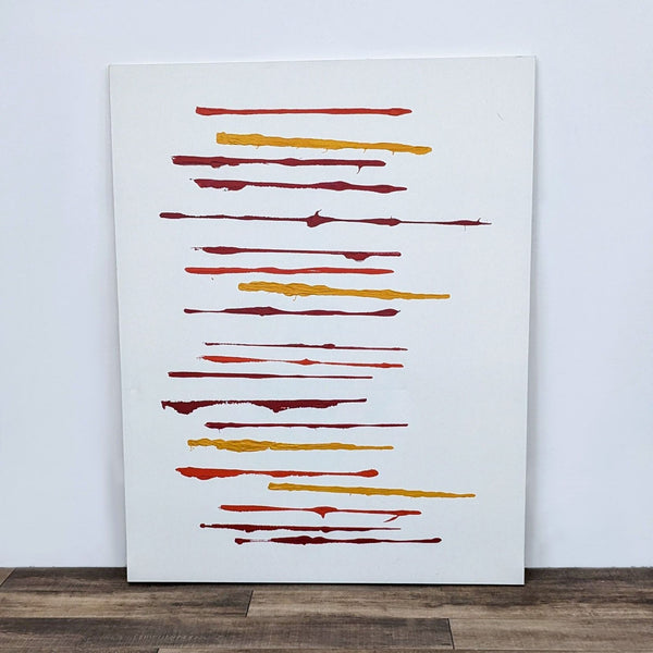 Alt text 1: Modern linear abstract painting with horizontal red and yellow stripes on a large white canvas by Reperch.
