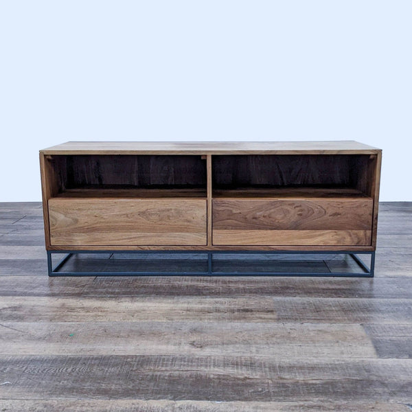 Reperch entertainment center, modern design, wooden with two compartments, one open shelf, one drawer on metal stand.