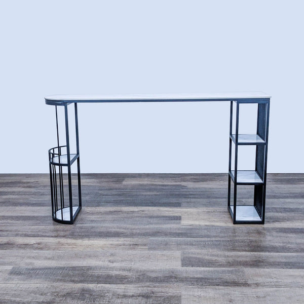 LitFad side table with a sleek marble top and a geometric metal frame, featuring shelving on one side.