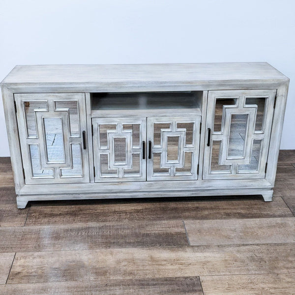 Shabby Chic Classic Home Furniture entertainment center with 4 mirrored doors closed, showcasing geometric patterns.
