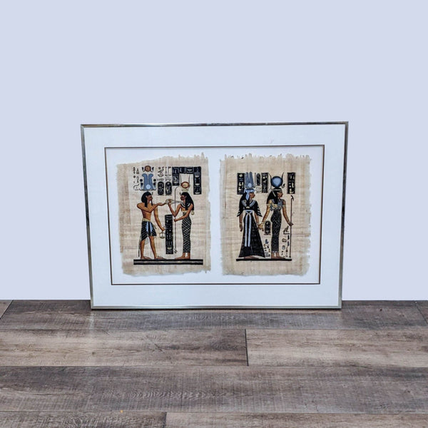 Framed Reperch Egyptian papyrus art depicting two ancient Egyptian figures, one presenting an offering.