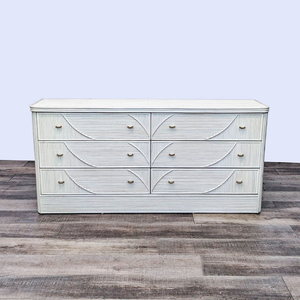 Vintage Coastal Furniture dresser with cerused finish, reed detailing on 6 drawers, and glass top.