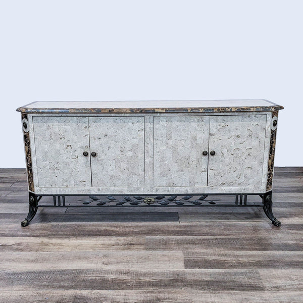 Alt text 1: Maitland Smith style marble-veneered Reperch sideboard with brass/iron accents, closed doors on iron legs.