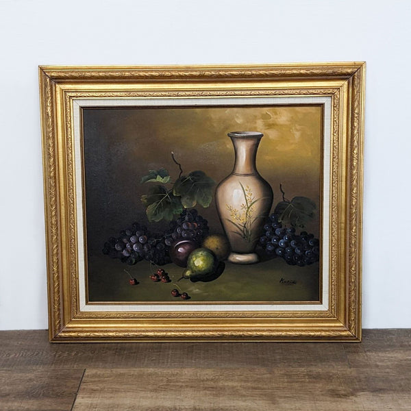 Alt text 1: Framed still life painting of a vase and assorted fruits on a table, with artist signature, by Reperch.