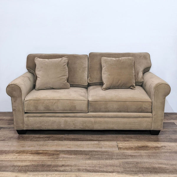 Reperch 3-seat contemporary classic compact sofa with narrow rolled arms, T-back cushions, and dark finish feet, front view.