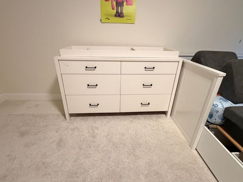 White wooden dresser with six drawers, designed for kids' rooms; Crate and Kids brand.  