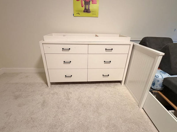 White wooden dresser with six drawers, designed for kids' rooms; Crate and Kids brand.  