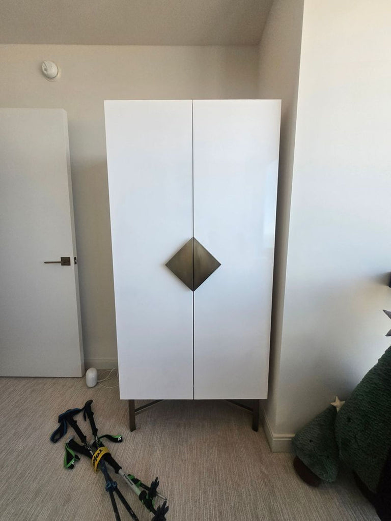 Sleek modern CB2 Astoria wardrobe cabinet with double doors and minimalist metal handles.