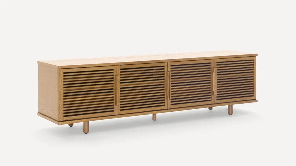 a sideboard with a wooden frame and four vertical slats.