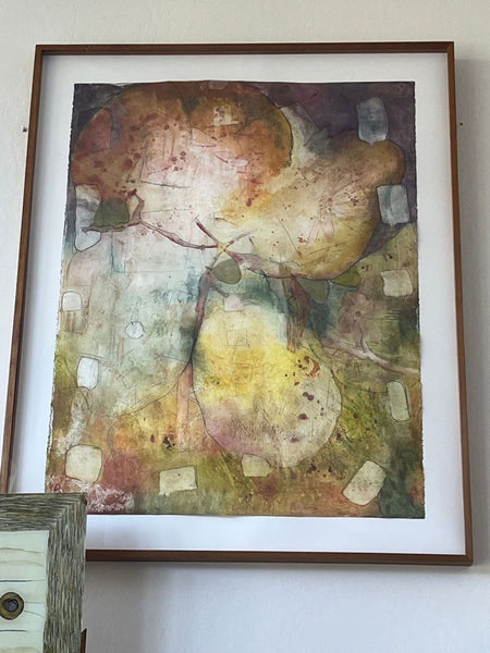 1. Abstract watercolor painting by Reperch in a wooden frame, featuring earthy tones and organic shapes on paper.  