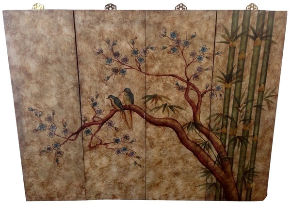 1. Elegant Reperch room divider with four panels, featuring birds on a blossoming branch and bamboo design.