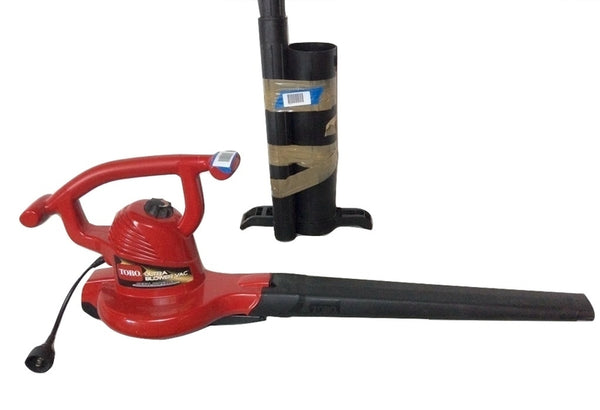 1. Toro Ultra Blower Vac in red, shown with its black attachment on a white background, cord visible.