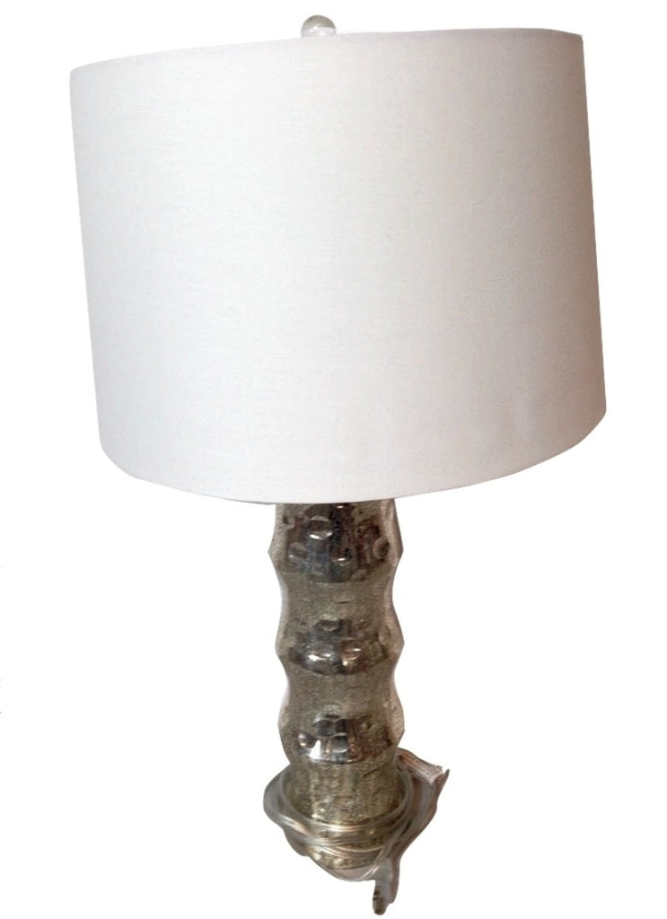 Visual Comfort Lamp by Reperch with a textured silver base and white shade, shown from the side.  