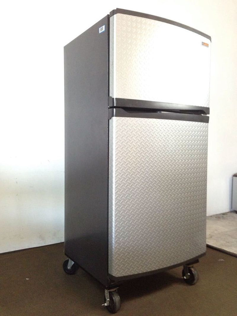 1. Stainless steel Whirlpool garage refrigerator with diamond plate design, black sides, and locking caster wheels.