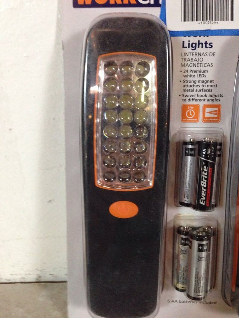 2. Close-up of a single Reperch LED hand-held light in packaging, showing 24 LEDs and orange button.  