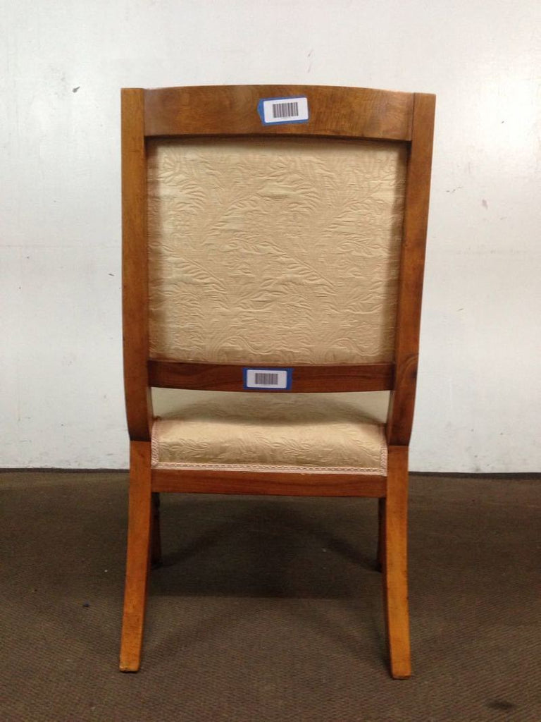 2. Back view of wood-framed chair with cream patterned upholstery; Reperch brand, barcode stickers visible.