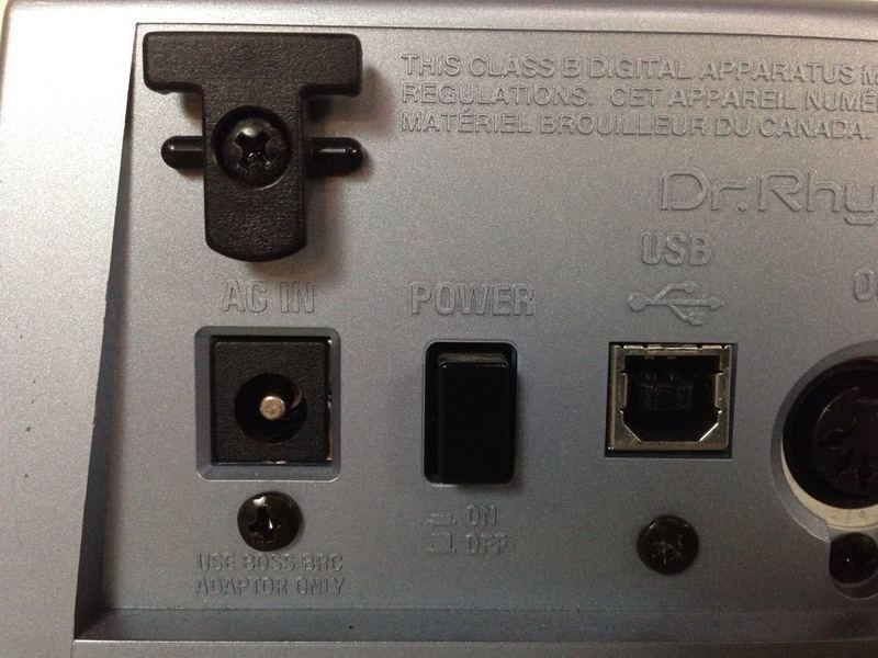 3. Rear panel of Boss DR-880 Dr. Rhythm audio device, displaying AC input, power switch, and USB port.