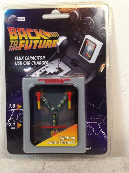1. Think Geek Back to the Future Flux Capacitor USB Car Charger in retail packaging, lights up while charging devices.