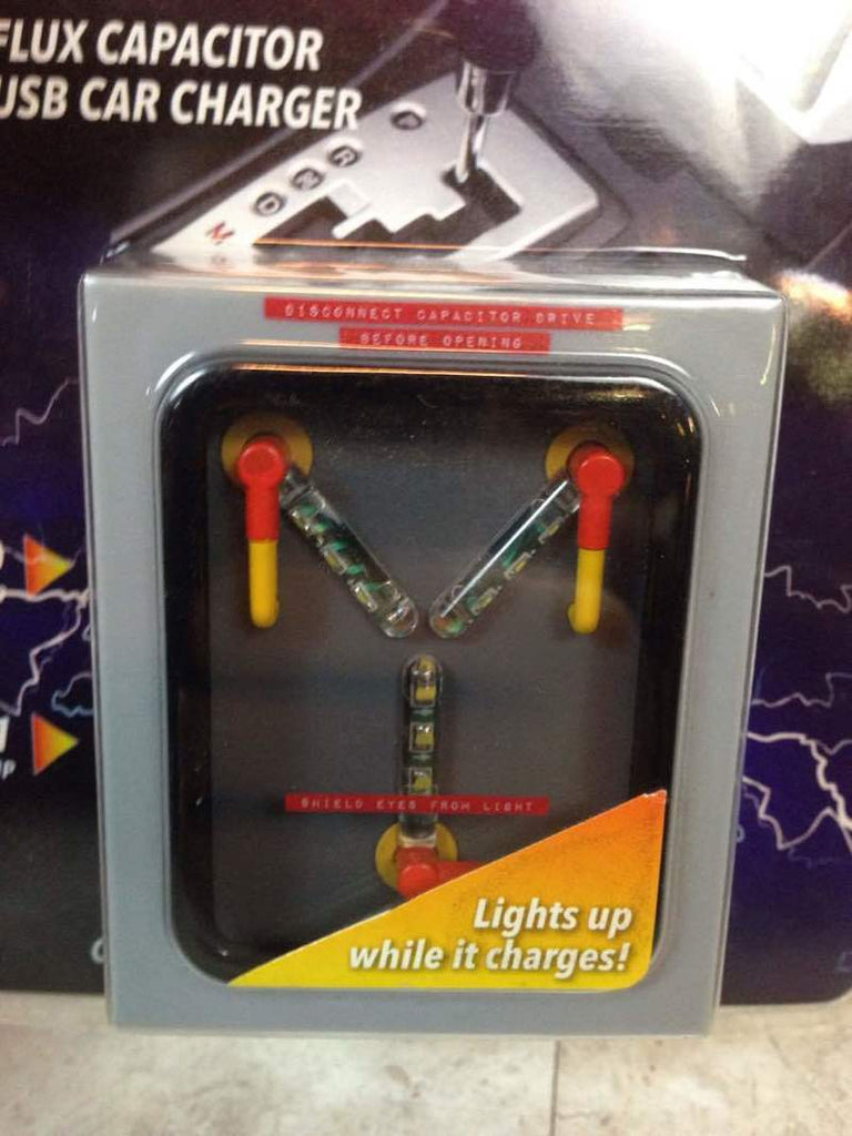 3. Detailed view of Flux Capacitor USB charger from Back to the Future, with “Lights up while it charges!” text.