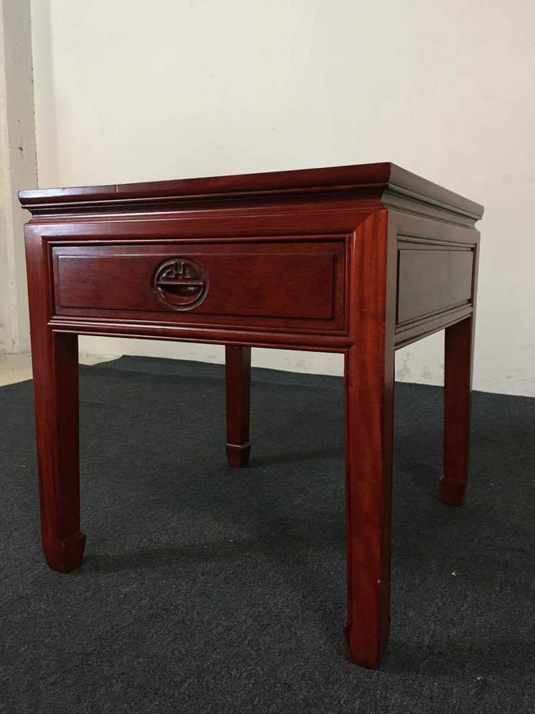 Vintage Chinese Carved Rosewood Single Drawer Square Top Side Table.